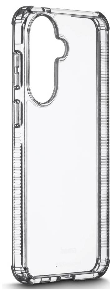 Transparente Smartphone-Schutzhülle mit erhöhten Rändern und Aussparungen für Tasten und Kamera, gezeigt auf weißem Hintergrund.