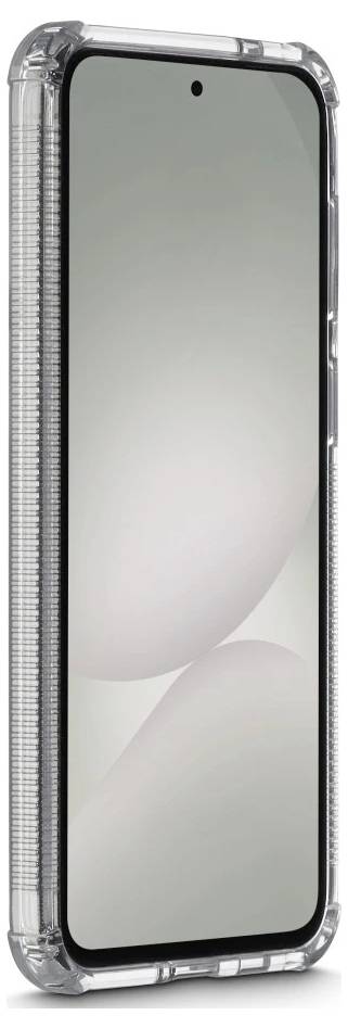 Ein Smartphone, aufrecht in einer transparenten Schutzhülle mit verstärkten Ecken und einem schwarzen Rand um den Bildschirm gezeigt.