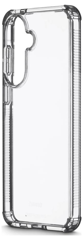Transparente Handyhülle mit erhöhtem Kameraausschnitt und verstärkten Ecken, von hinten auf weißem Hintergrund dargestellt.