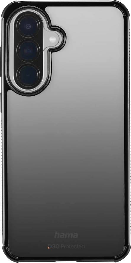 Schwarze und transparente Schutzhülle für Smartphones, von hinten gezeigt, mit erhöhtem Kameraausschnitt für ein Telefon mit Dreifachlinse.