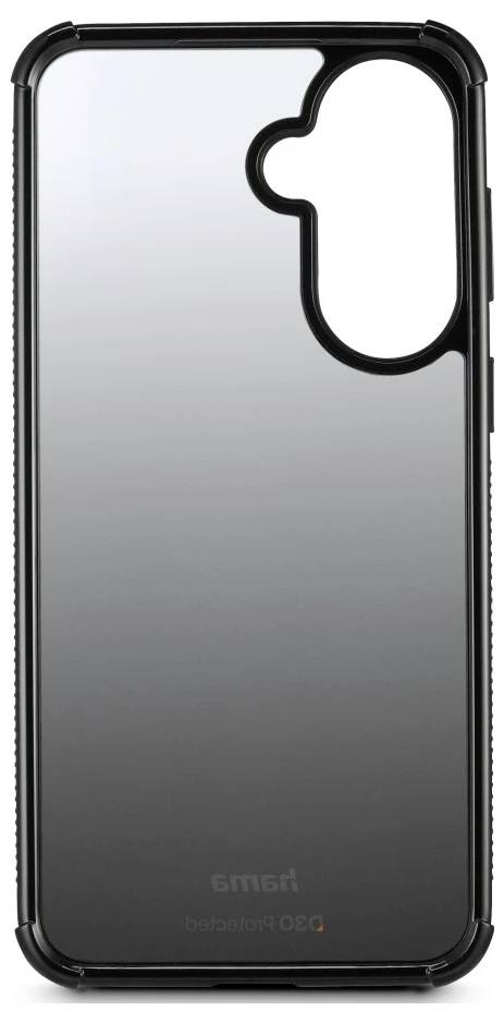 Schwarze Smartphone-Hülle mit transparenter Rückseite und erhöhtem Kameraausschnitt für ein Dual-Kamera-Telefon.