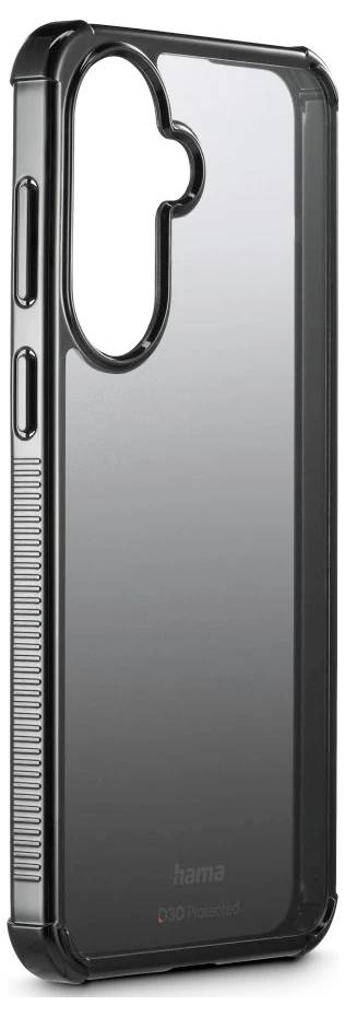 Schwarze Smartphone-Schutzhülle mit transparenter Rückseite, erhöhtem Kameraausschnitt und strukturiertem Seitengriffen, auf weißem Hintergrund dargestellt.