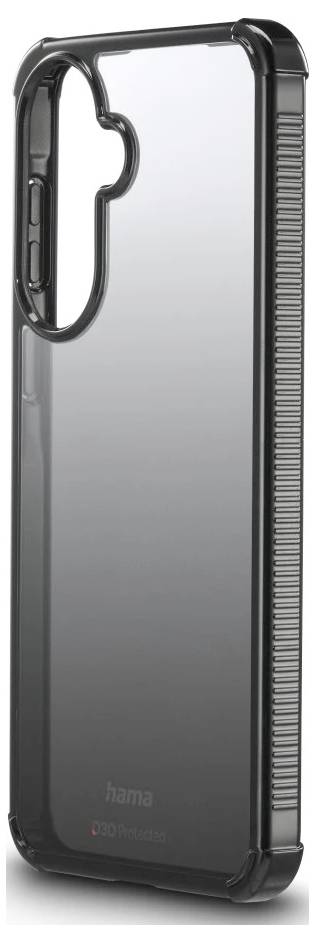 Schwarze Schutzschutzhülle für Smartphone, von hinten gezeigt, mit erhöbenem Kameraausschnitt und strukturiertem Seitengriff.