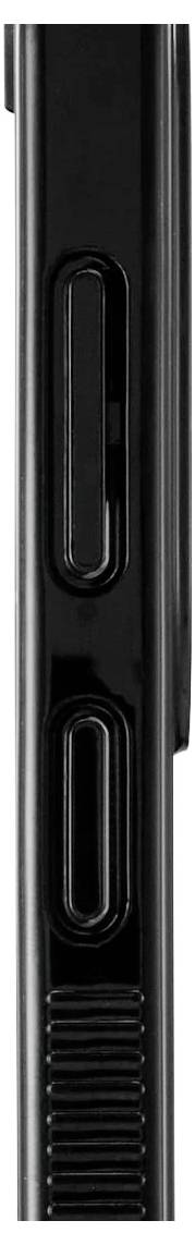 Nahaufnahme der Seitenkante eines schwarzen elektronischen Geräts, die zwei Anschlüsse und einen gerippten Griff oder eine Belüftungsöffnung in der Nähe des unteren Bereichs zeigt.