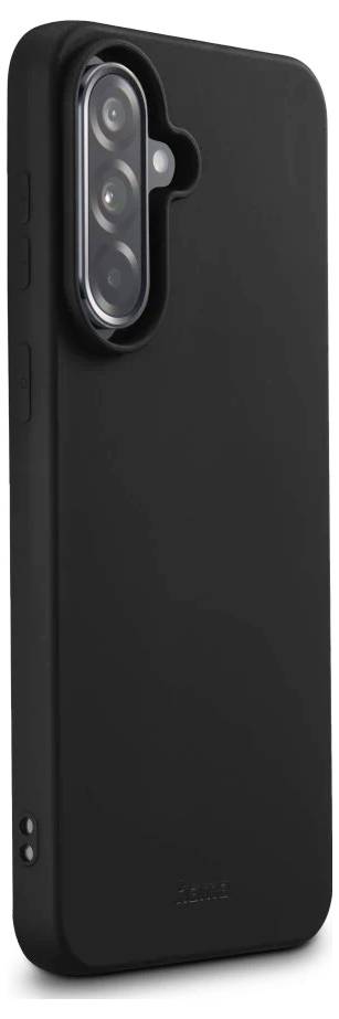 Schwarze Smartphone-Hülle mit erhöhener Kameraaussparung und dreifacher Kameraöffnung auf der Rückseite.