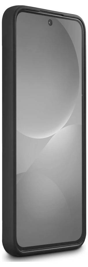 Ein schwarzes Smartphone aufrecht dargestellt mit einem leeren grauen Bildschirm, aus einem leicht schrägen Winkel betrachtet.