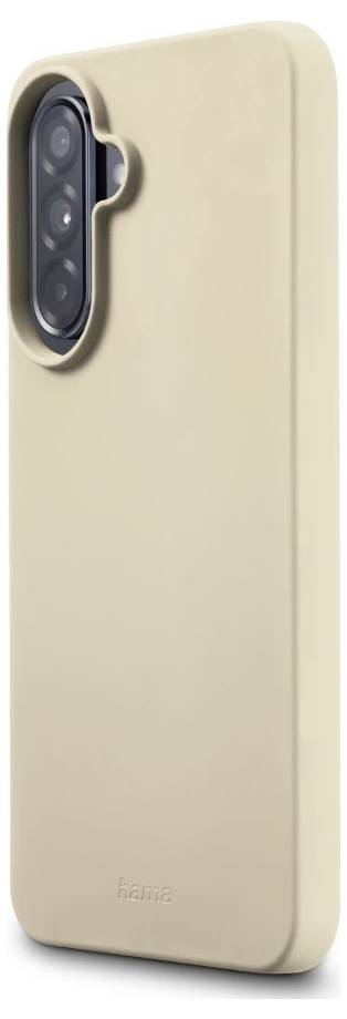 Beige-farbenes iPhone-Schutzhülle mit erhöhtem Ausschnitt für das Dreifach-Kameramodul, von hinten auf weißem Hintergrund dargestellt.