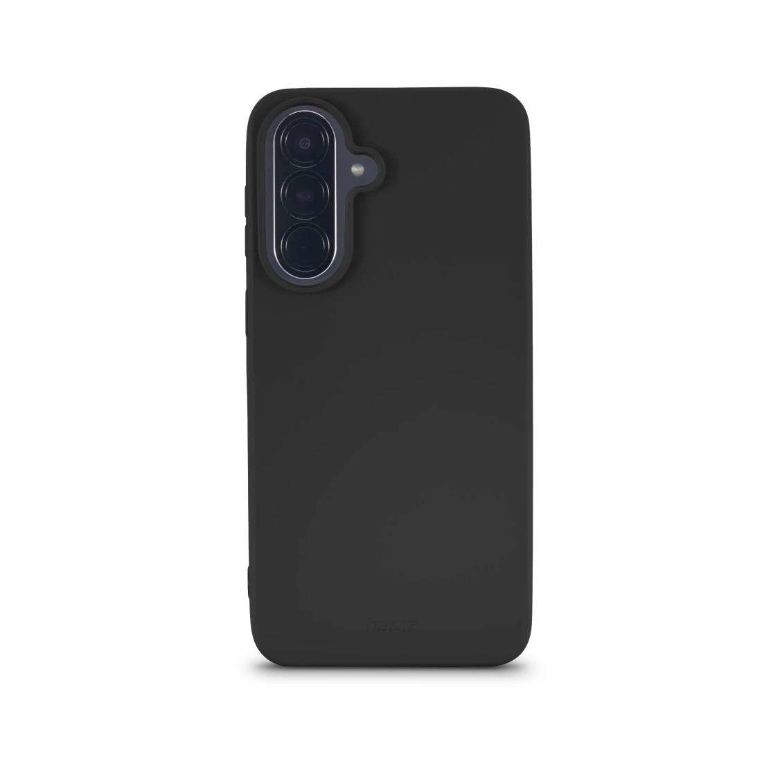 Schwarze Smartphone-Hülle mit erhöhtem Kameraausschnitt für drei Linsen und Blitzlicht, gezeigt auf weißem Hintergrund.