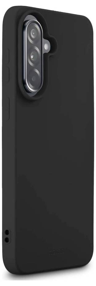 Schwarze Schutzhülle für Smartphones mit großem Kameraausschnitt oben rechts.