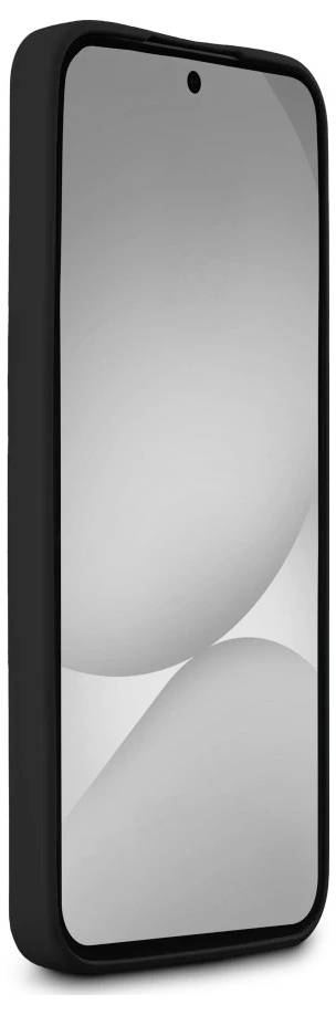 Schwarzes Smartphone mit leerem grauem Bildschirm, gezeigt in einer schlanken Schutzhülle auf weißem Hintergrund.