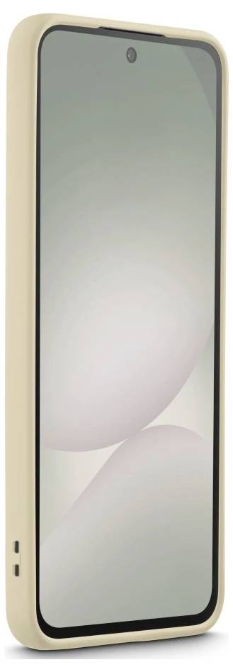 Beiges Smartphone von vorne gezeigt mit leerem Bildschirm und zentrierter Lochkamera.