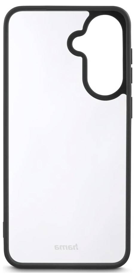 Weiße Smartphone-Hülle mit schwarzem Rand und erhobener Kameraaussparung auf der Rückseite, von vorne gezeigt.