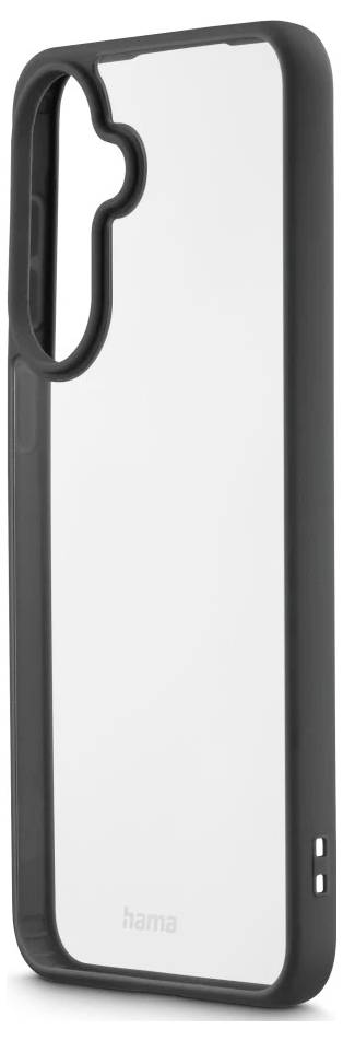 Schwarze Schutzhülle für Telefon mit durchsichtigem Rücken und großem Ausschnitt für die Kamera und Seitentasten.