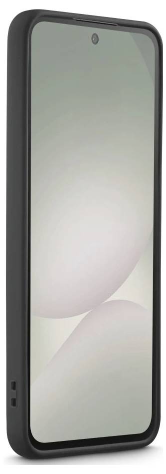 Ein Smartphone in einer schwarzen Schutzhülle, Vorderansicht mit leerem Bildschirm und zentriertem Frontkamera-Ausschnitt.