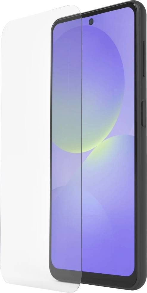 Smartphone mit schwarzem Gehäuse und transparentem Displayschutz, von vorne in Schrägansicht auf weißem Hintergrund dargestellt.