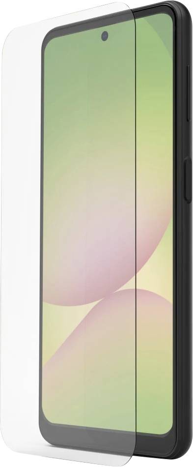 Schwarzes Smartphone von vorne gezeigt mit einer transparenten Displayschutzfolie, die über dem Display ausgerichtet ist, auf weißem Hintergrund.