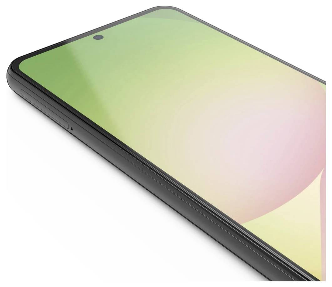 Ein schwarzes Smartphone, das aus einem Winkel gezeigt wird, mit einem glänzenden, randlosem Display und einer kleinen Frontkamera-Aussparung.