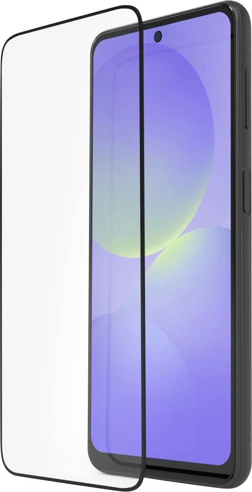 Smartphone mit einer klaren Schutzfolie, die leicht vom Telefon auf weißem Hintergrund getrennt gezeigt wird.