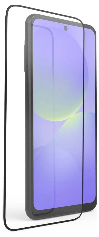 Gehärteter, transparenter Glassbildschirmschutz über einem Smartphone, der die Vorderseite des Geräts und die kantenlose Passform zeigt.