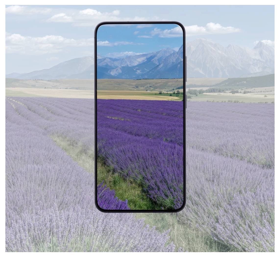 Smartphone mit leuchtendem Lavendelfeld und Bergen auf dem Display, überlagert auf einer ausgeblendeten breiteren Landschaft derselben Szene.
