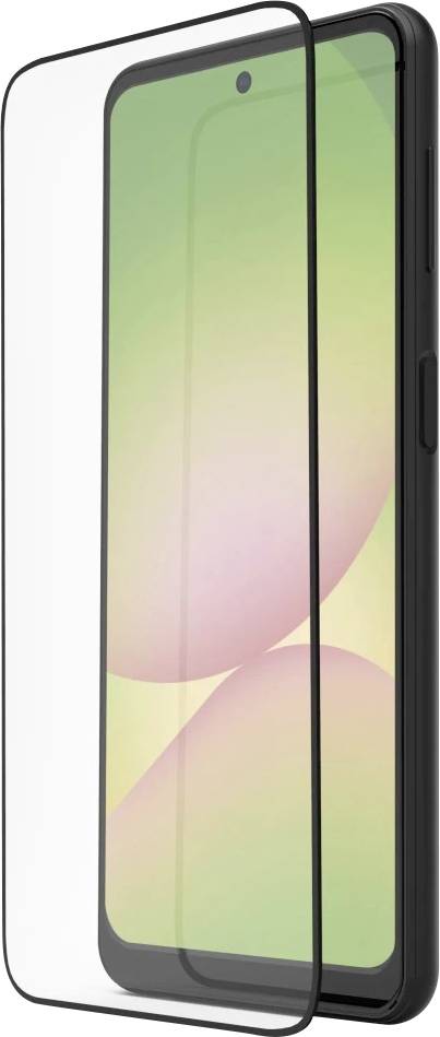Schwarzes Smartphone mit einer transparenten Displayschutzfolie, die über dem Display angebracht ist, vor einem weißen Hintergrund.