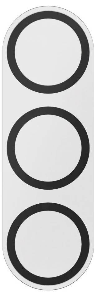 Ein vertikales Verkehrssignal mit drei unleuchtenden kreisförmigen Leuchten in einem silbernen Gehäuse.