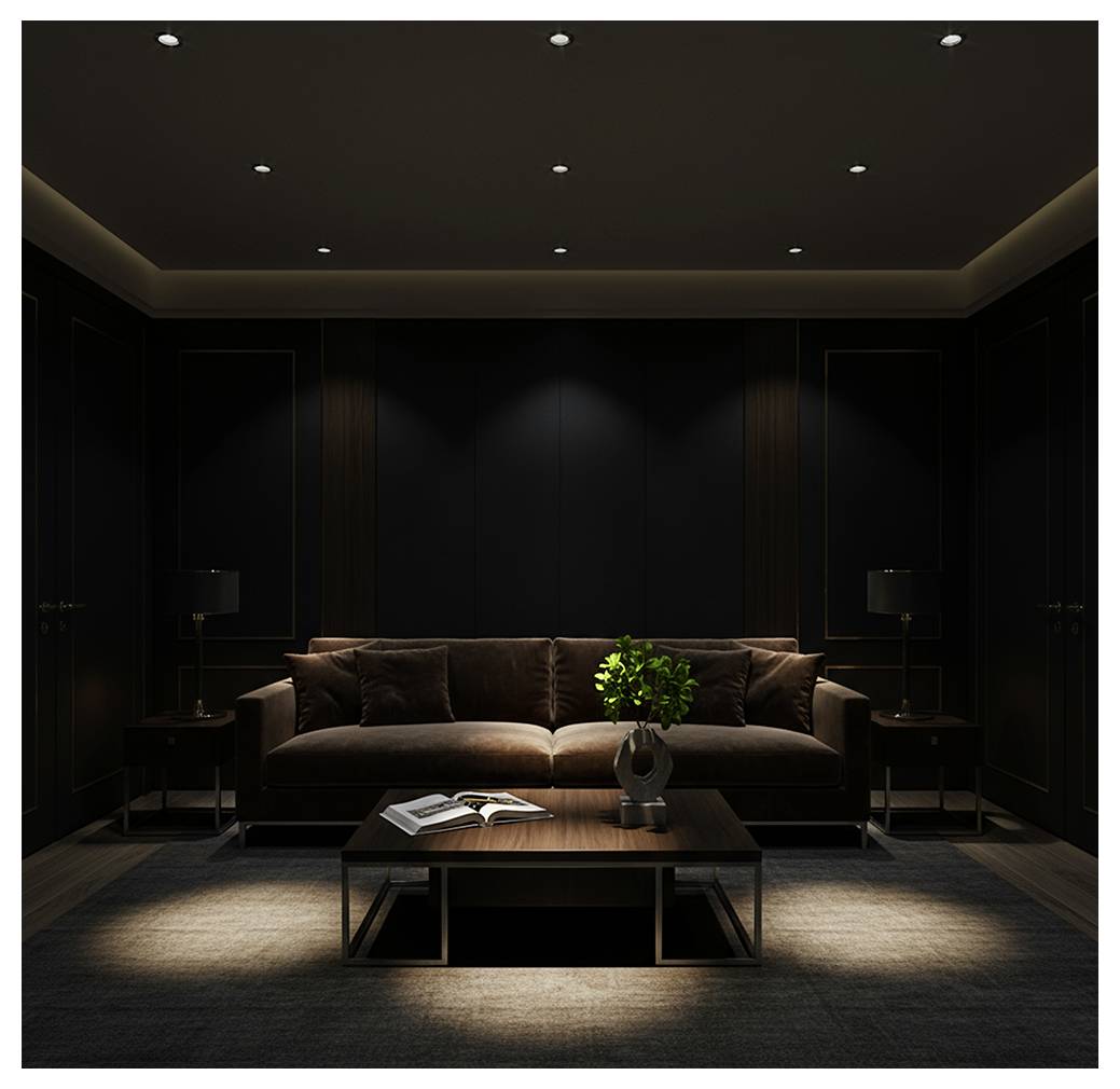 Dunkles modernes Wohnzimmer mit einem braunen Sofa, Couchtisch, Stehlampen und Deckenspotlights; ein aufgeschlagenes Buch und eine kleine Pflanze befinden sich in der Mitte des Tisches.