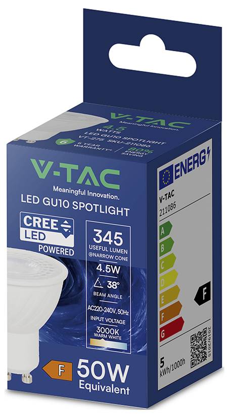 V-TAC LED GU10 Spotlight-Glühbirne Box, zeigt 345 Lumen, 4,5W, 38° Abstrahlwinkel und Energieeffizienzklasse F, mit 50W Äquivalent.