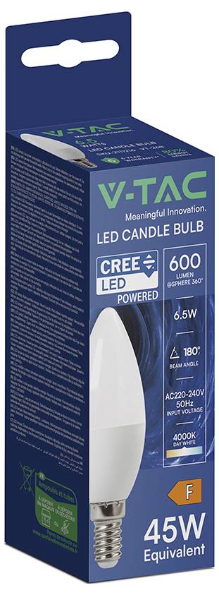 V-TAC LED-Kerzenlampe Produktbox mit einer 6W CREE LED-Lampe mit 600 Lumen, 4000K Tageslichtweiß, 180° Abstrahlwinkel und 45W Äquivalent.