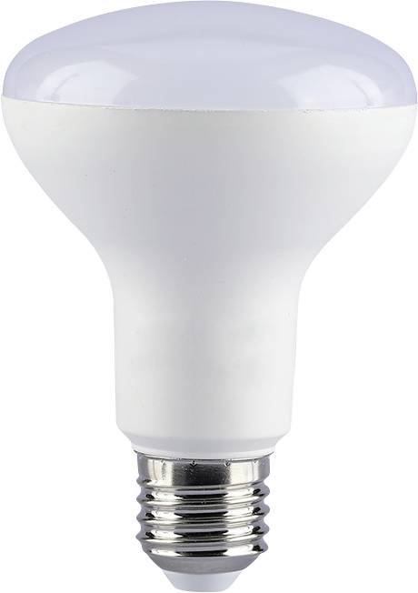 Eine weiße LED-Glühbirne mit einer breiten mattglasierten Kuppel und einer silbernen Schraubfassung auf einfachem Hintergrund.