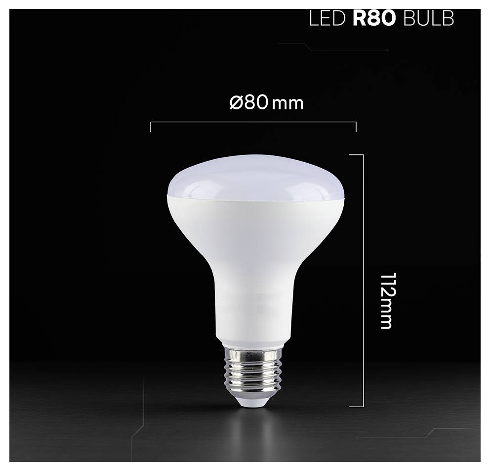Produktbild einer LED-R80-Glühbirne auf schwarzem Hintergrund, mit der Bezeichnung ø80 mm breit und 112 mm hoch.