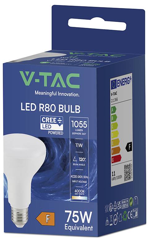 V-TAC LED R80-Glühbirne Box mit Angabe von 75-W-Äquivalent, 1055 Lumen, 11W Leistung, 4000K Tageslicht und Energieklasse F.