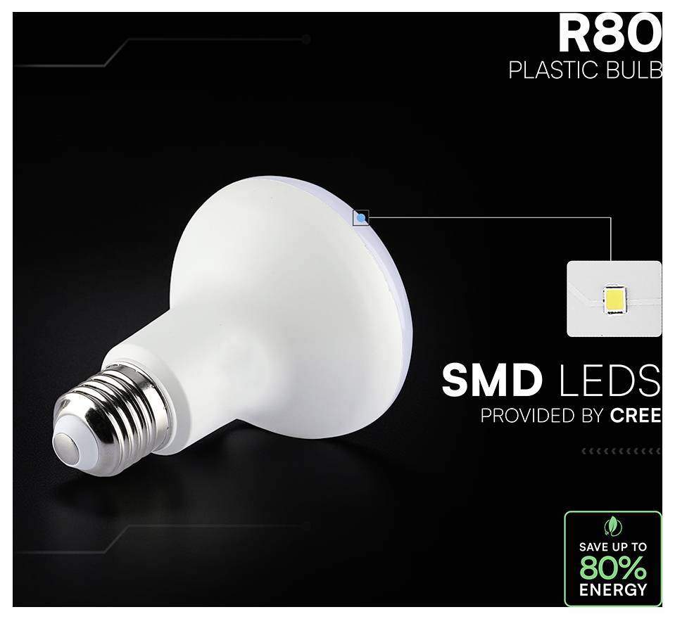 Produktbild einer R80-Kunststofflampe mit SMD-LEDs, gekennzeichnet mit 