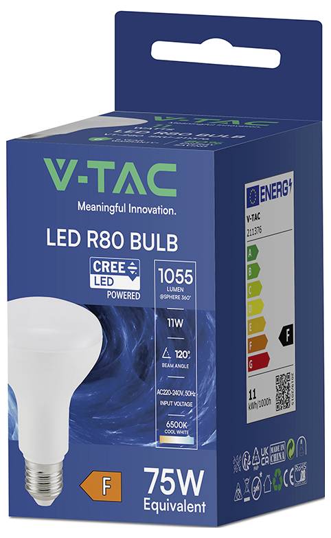 V-TAC LED R80-Glühbirnenverpackung, die ein 75-W-Äquivalent, 11 W, 1055 Lumen, 6500 K kühles Weiß und Energieeffizienzklasse F zeigt.