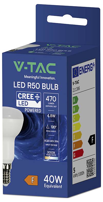 V-TAC LED R50-Glühbirne Verpackung, zeigt 4,8W, 470 Lumen, 3000K Warmweiß, 40W Entsprechung und Energieklasse F.