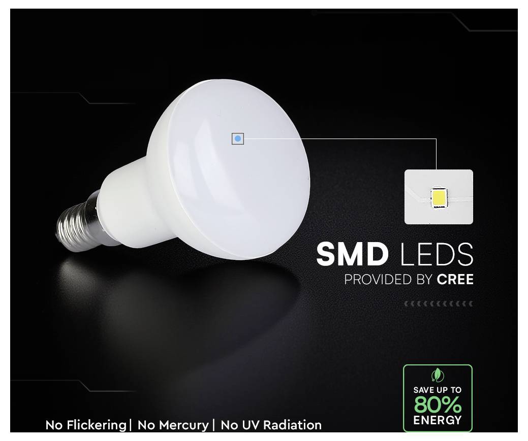 Werbebild einer weißen SMD-LED-Glühbirne, gekennzeichnet mit „SMD LEDS bereitgestellt von CREE