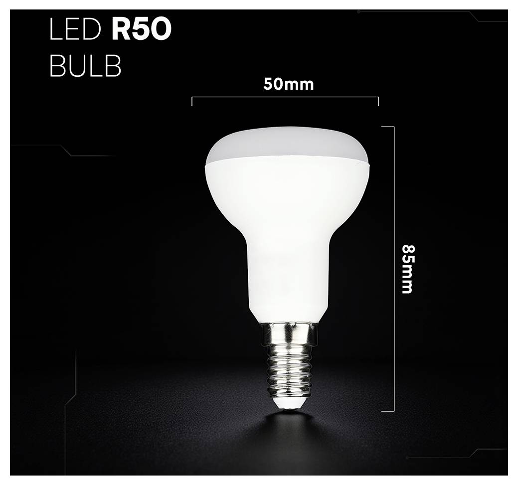 Produktbild einer LED-R50-Glühbirne auf schwarzem Hintergrund, beschriftet mit den Abmessungen 50 mm Breite und 85 mm Höhe.