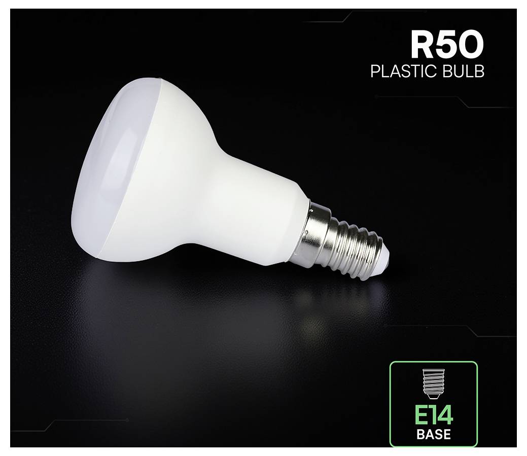 Weiße R50-Kunststofflampe mit E14-Sockel, auf schwarzem Hintergrund abgebildet und mit „R50 KUNSTSTOFFLAMPE