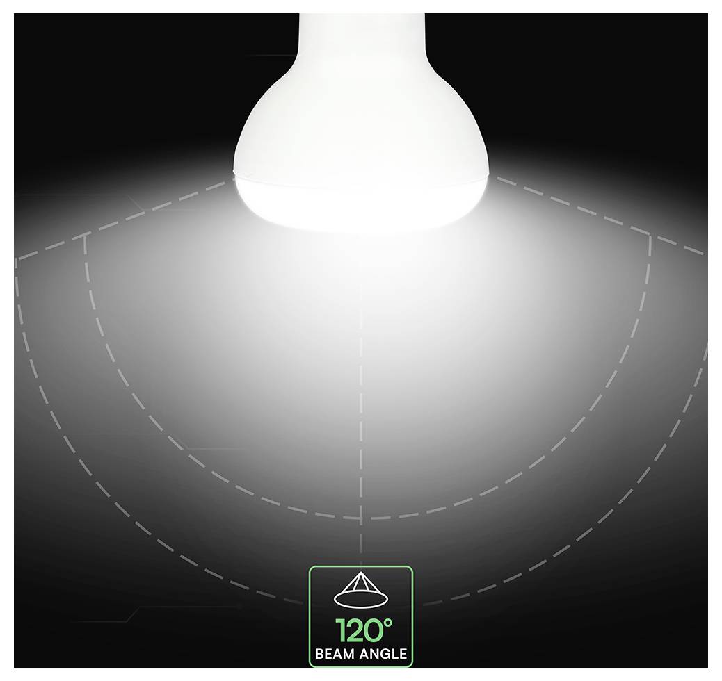 Abbildung einer Glühbirne oder Lampe mit einem Abstrahlwinkel von 120°, die den beleuchteten Kegel und die Lichtausbreitung zeigt.