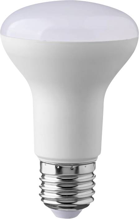 Weiße LED-Glühbirne mit breiter mattierter Kuppel und metallischer Schraubfassung auf einfachem Hintergrund