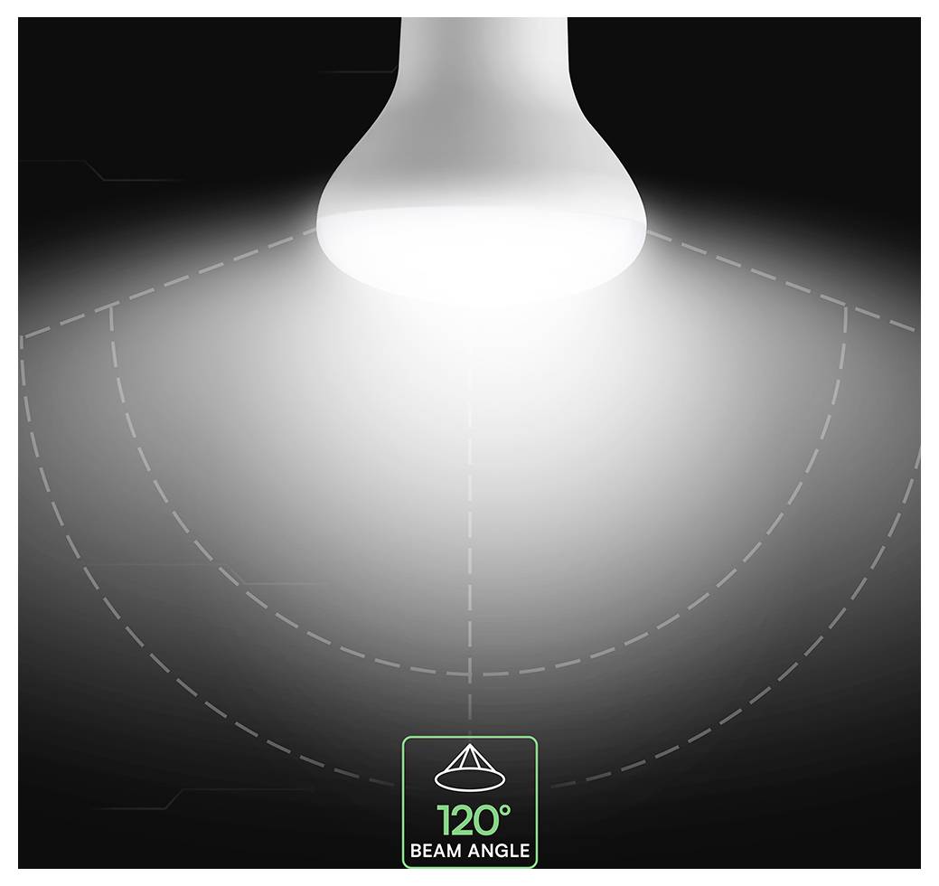 Diagramm eines Lichtstrahls, das einen 120°-Abstrahlwinkel zeigt, mit einem breiten Beleuchtungskegel, der sich von der Lampe nach unten ausbreitet.