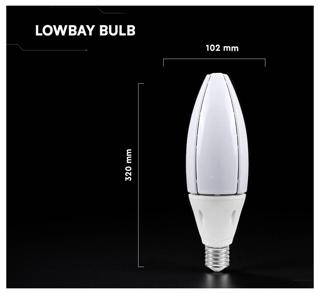 Lowbay-Glühbirnen-Produktbild mit einer weißen LED-Glühbirne mit der Bezeichnung 