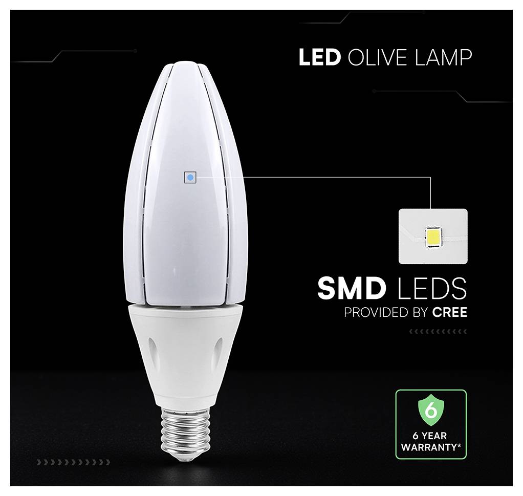 LED-Olivenlampen-Glühbirne mit SMD-LEDs von Cree, vor schwarzem Hintergrund mit einem Abzeichen 