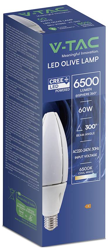 Produktkarton für eine VTAC LED-Olivenlampe, gekennzeichnet mit „6500 Lumen