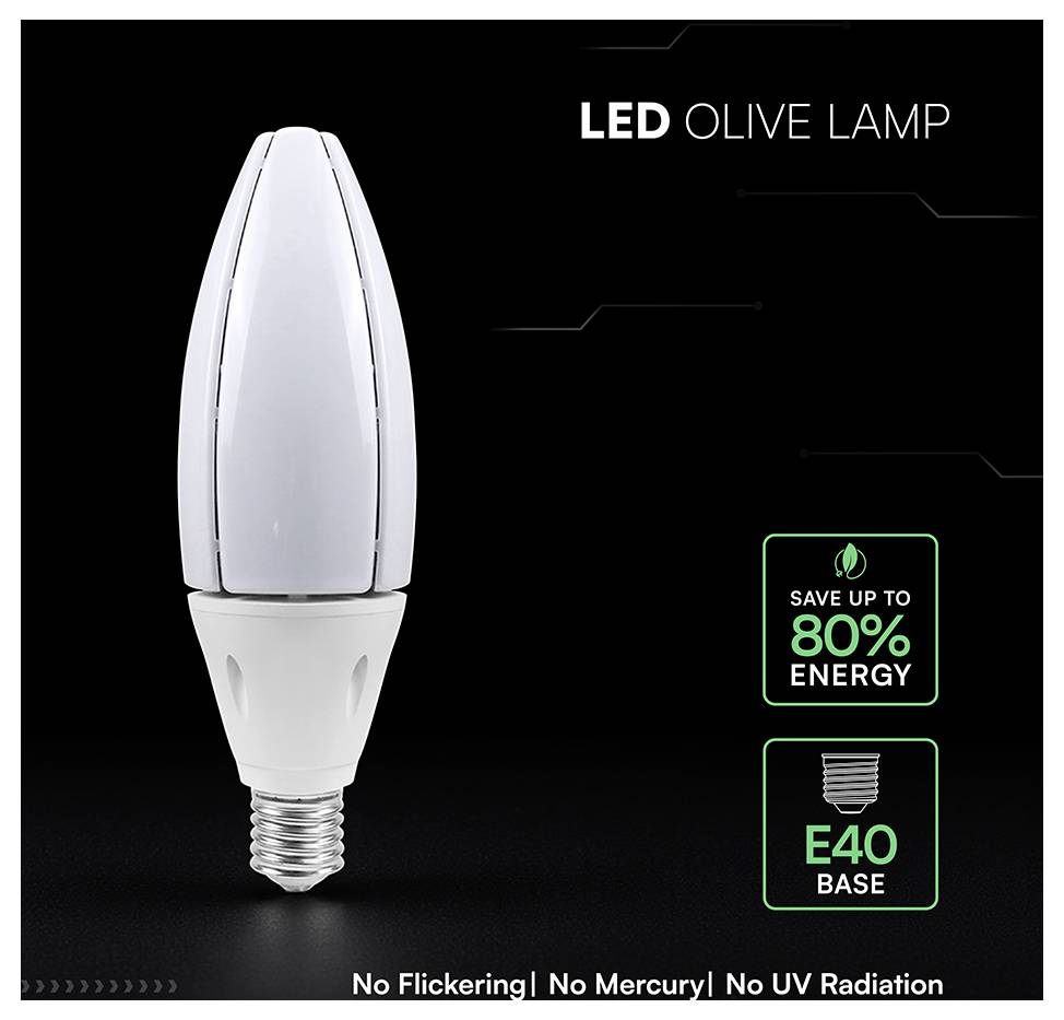LED-Olivenlampen-Glühbirne auf schwarzem Hintergrund, mit der Beschriftung „Bis zu 80 % Energie sparen