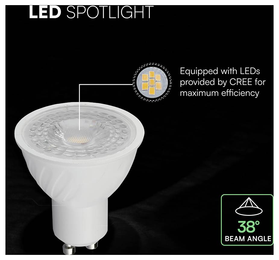 LED-Spotleuchte Produktbild mit einer weißen Glühbirne und einem Reflektor; der Text sagt „Ausgestattet mit LEDs von CREE für maximale Effizienz