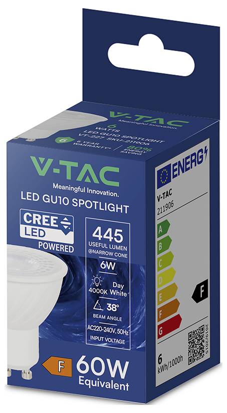 V-TAC LED GU10 Spotlight-Glühbirne Verpackung, 6W, 445 Lumen, 4000K Weiß, 38° Abstrahlwinkel, 60W Equivalent, F Energieeffizienzklasse.