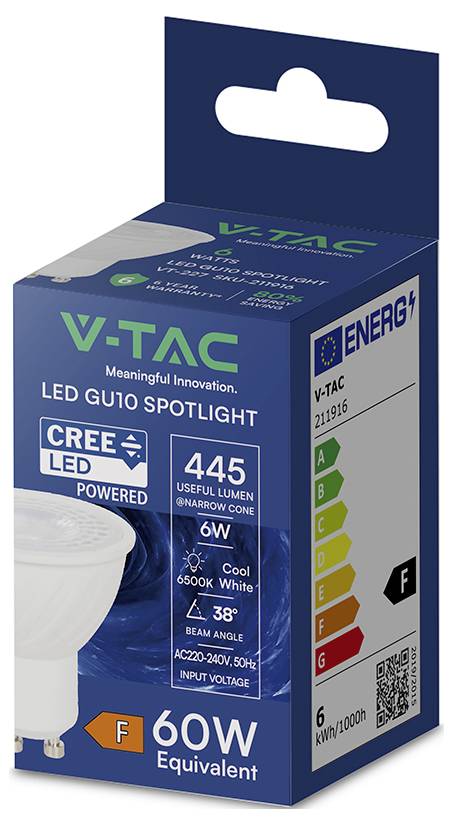 V-TAC LED GU10 Spotlicht-Glühbirne Verpackung, zeigt 6W, 445 Lumen, Kaltweiß 4000K, 38° Strahlungswinkel, 60W Äquivalent, Energielabel F.