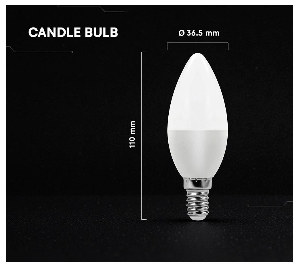Produktbild einer Kerzenlampe, das eine weiße LED-Lampe mit der Aufschrift 