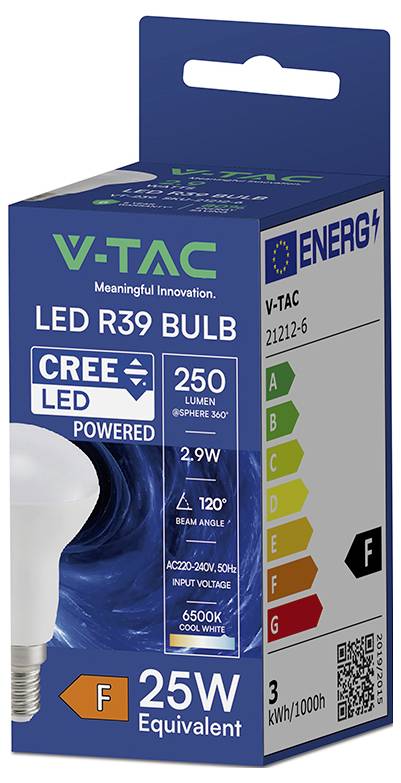 V-TAC LED R39 Glühbirne Verpackung mit CREE LED betrieben, 25W Äquivalent, 2,9W, 250 Lumen, 6500K kühles Weiß und F Energieeinstufung.